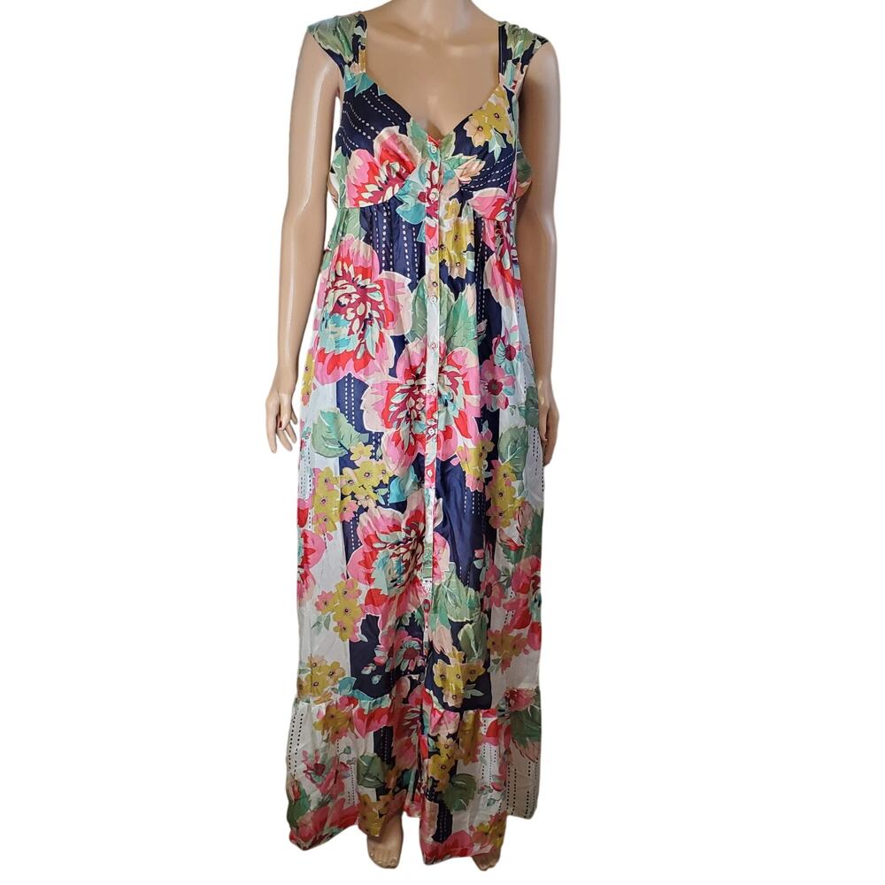 Johnny Was 100% Silk Pink Floral V-Neck Button Front Maxi Dress Size M